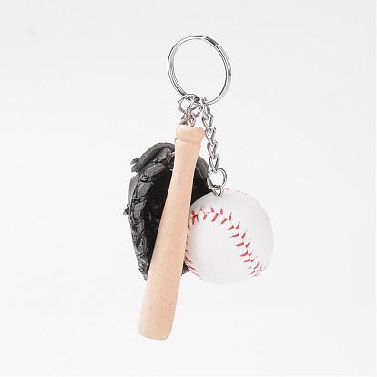 Брелок из искусственной кожи, с дерева и железный ключ кольцо, бейсбольной битой и бейсбол перчатки и бейсбол, спортивная тема, спортивная тема 110 мм