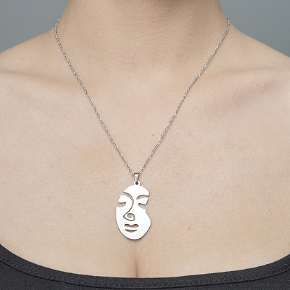 201 Stainless Steel Hollow Abstract Face Pendant Necklace
