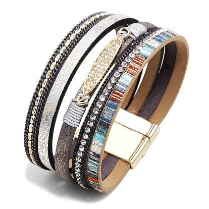Cuir PU bracelets multi-brins, avec fermoir magnétique et strass en alliage, ovale