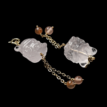 Natural Rose Quartz Nine Tail Fox Pendant Decorations, Natural Agate Tassel Ornament with Brass Spring Ring Clasps