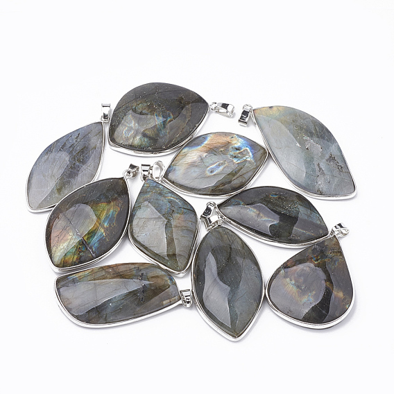 Natural Labradorite Pendants, with Platinum Tone Iron Brass Findings, Nuggets