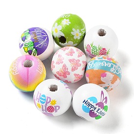 Easter Theme Printed Wood European Beads, Large Hole Beads, Round