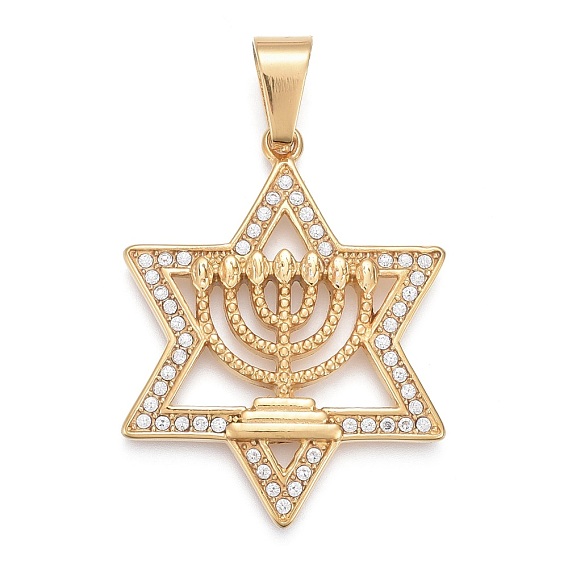 304 Stainless Steel Pendants, with Crystal Rhinestone, Star of David with Candelabrum