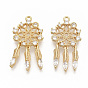 Brass Micro Pave Clear Cubic Zirconia Pendants, Nickel Free, Real 18K Gold Plated, Woven Net/Web with Feather