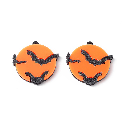 Opaque Acrylic Pendants, Flat Round with Bat/Ghost Pattern Charm, Halloween Theme
