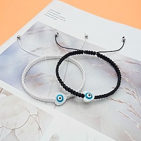 Heart Evil Eye Shell Bead Braided Bead Bracelets, Adjustable Polyester Cord Bracelets for Women