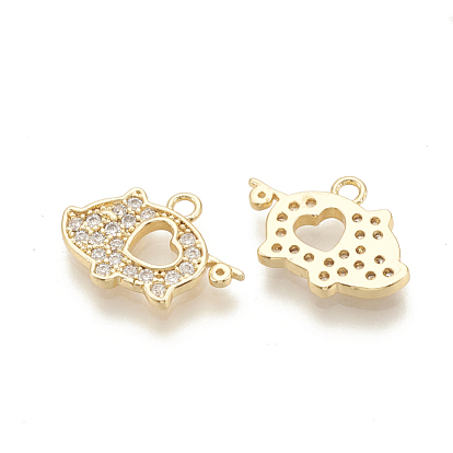Brass Micro Pave Cubic Zirconia Pendants, Piggy Silhouette with Heart, Nickel Free, Real 18K Gold Plated