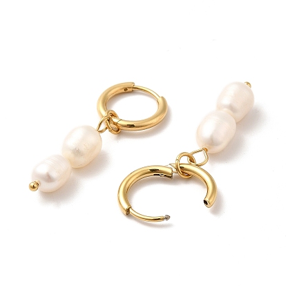 Créoles pendantes double perle naturelle, or 304 bijoux en acier inoxydable pour femmes