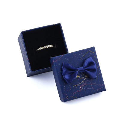 Ribbon Bow Cardboard Rings Jewelry Gift Boxes, with Black Sponge Inside, Square