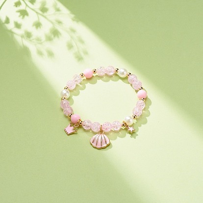 Acrylic Imitation Pearl Stretch Bracelet, Alloy Enamel Shell Crown Star Charms Bracelet for Women