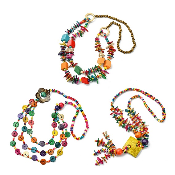 Colorful Dyed Natural Coconut Beaded Bib Necklaces, Bohemian Jewelry for Women