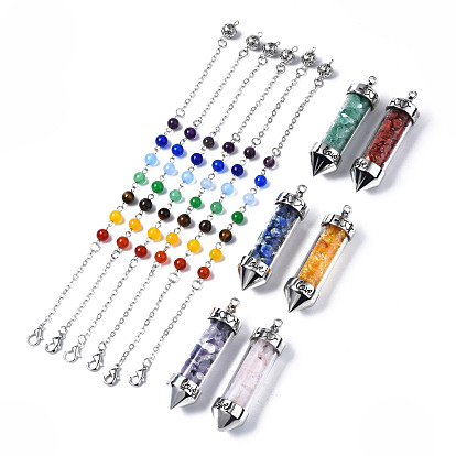 Natural & Synthetic Gemstone Pointed Dowsing Pendulums, with Glass Container and Platinum Alloy & Iron Findings, Bullet with LOVE