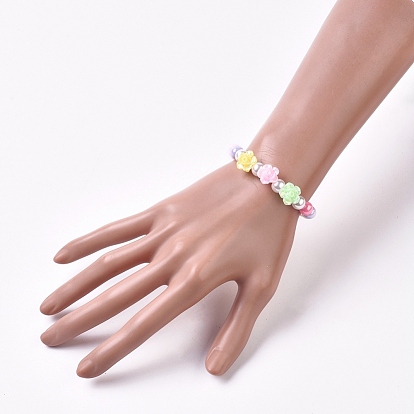 Bracelets extensibles en perles acryliques pour enfants, avec perle imitation plastique écologique ronde et fleur acrylique opaque plaqué couleur ab