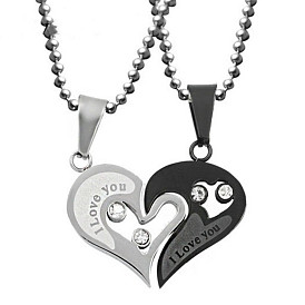 2Pcs 2 Style Rhinestone Heart Matching Pendant Necklaces Set, Word I Love You Alloy Couple Necklaces for Valentine's Day
