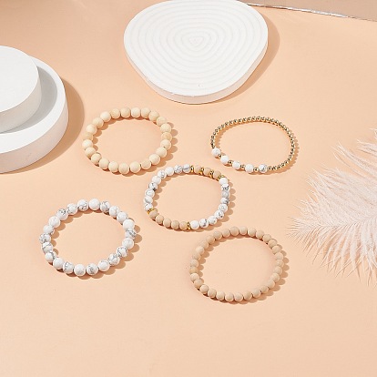 5pcs 5 style bois naturel & howlite ensemble de bracelets de perles rondes, bijoux en pierres précieuses pour hommes femmes