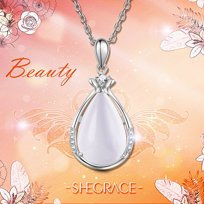 SHEGRACE 925 Sterling Silver Pendant Necklaces, with Grade AAA Cubic Zirconia and Cat Eye, Drop