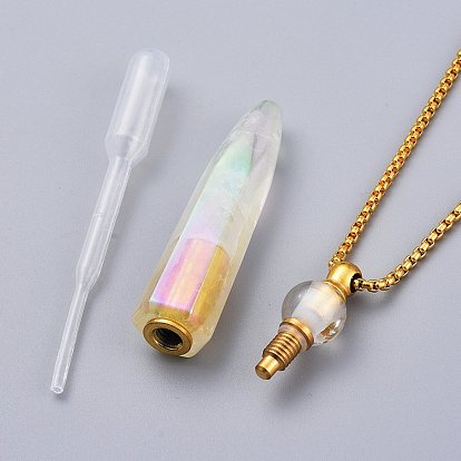 Galvanoplastie colliers pendentifs de bouteille de parfum en cristal de quartz naturel, avec 304 chaînes en acier inoxydable et compte-gouttes en plastique, facette, balle