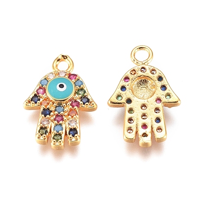 Brass Micro Pave Cubic Zirconia Charms, with Enamel, Hamsa Hand/Hand of Fatima/Hand of Miriam with Evil Eye