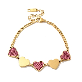 Rose Rhinestone Heart Link Bracelet, with 304 Stainless Steel Curb Chains