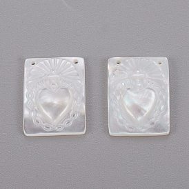 Natural White Shell Mother of Pearl Shell Pendants, Rectangle with Heart