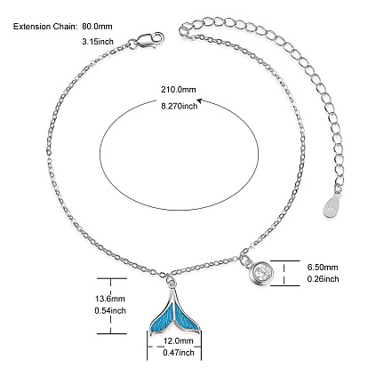 Shegrace 925 bracelets de cheville en argent sterling, avec résine époxy et zircone, forme de queue de baleine