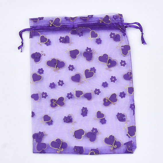 Printed Organza Bags, Gift Bags, with Glitter Powder, Rectangle with Heart