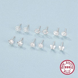 6 Pairs 6 Style 999 Fine Silver Stud Earrings Sets for Women, Hollow Clover & Star & Flower & Butterfly