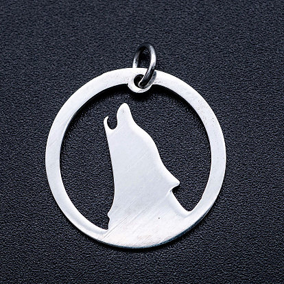 201 Stainless Steel Pendants, Howling Wolf Pendants, with Unsoldered Jump Rings, Flat Round with Wolf