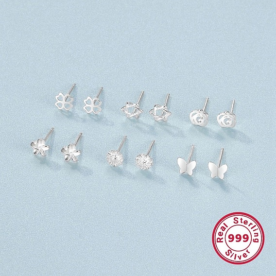 6 пары 6 стиль 999 комплекты изящных серебряных сережек-пусетов для женщин, полый клевер, звезда, цветок и бабочка