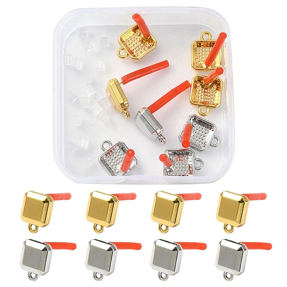 8Pcs 2 Color Rack Plating Alloy Square Stud Earring Findings, with 925 Sterling Silver Pins and Horizontal Loops, Cadmium Free & Lead Free, Square, with 20Pcs Plastic Ear Nuts