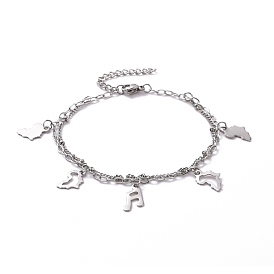 304 Stainless Steel Double Chains Multi-strand Bracelets, Music Note & Map 201 Stainless Steel Charm Bracelet for Women
