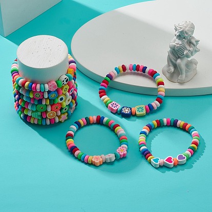 9 pcs 9 ensemble de bracelets extensibles faits à la main en argile polymère de style, coeur & fleur & étoile & perles de fruits bracelets empilables pour enfants