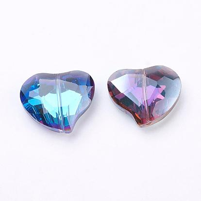 Гальванические стеклянные бусины, с покрытием цвета радуги, граненые, сердце, 28x24x12 мм, отверстие : 2 мм