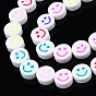 Handmade Polymer Clay Bead Strands, Flat Round with Smiling Face