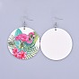 Printed Wooden Dangle Earring, with 304 Stainless Steel Earring Hooks, Flat Round