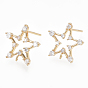 Brass Stud Earring Findings, with Loop, Real 18K Gold Plated, with Cubic Zirconia, Star, Clear