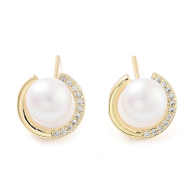 Flat Round Brass with Glass with Stud Earrings, with Plastic Pearl