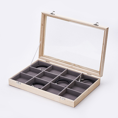 Boîtes de présentation de bracelet en bois, avec la glace, 12 présentoirs à bracelets / bracelets avec couvercle transparent, rectangle