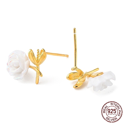Rhodium Plated 925 Sterling Silver Stud Earring Findings, with Resin, Flower, for Half Drilled Beads, with S925 Stamp