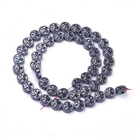 Non-magnetic Synthetic Hematite Beads Strands, Flat Round with Cross