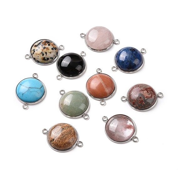 Gemstone Connector Charms, Half Round Links, with Stainless Steel Color Tone 304 Stainless Steel Findings