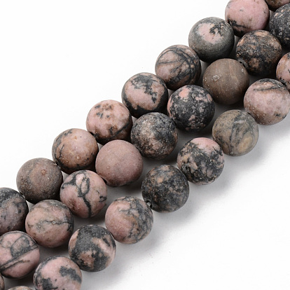Natural Rhodonite Beads Strands, Frosted, Round