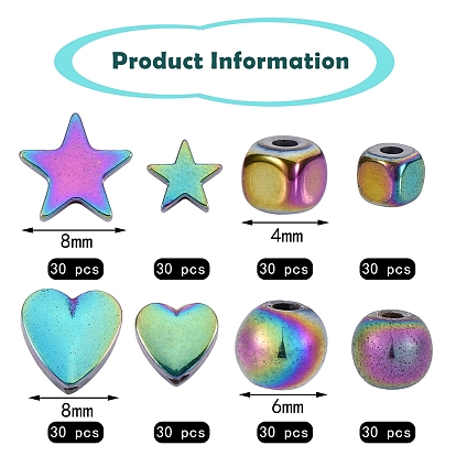 240pcs 8 style galvanoplastie perles d'hématite synthétique non magnétique, étoile & coeur & rond & cube