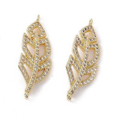 Brass Micro Pave Clear Cubic Zirconia Connector Charms, Leaf Links