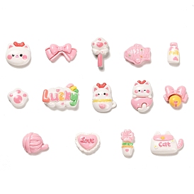 Cat Shape/Bowknot/Fish/Bottle/Wing/Bell/Flower/Bag/Heart Opaque Resin Decoden Cabochons, Pink