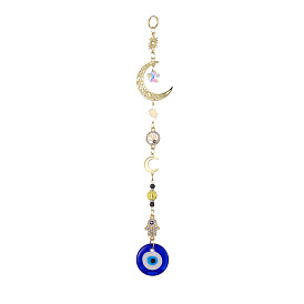 Evil Eye Lampwork Pandant Decorations, with Stainless Steel Moon, Alloy Moon