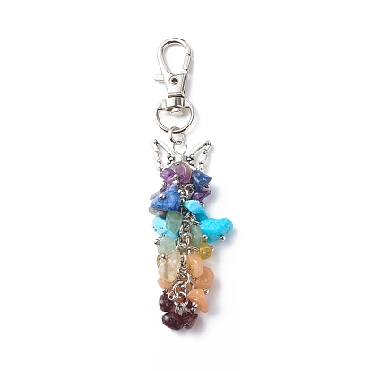 Gemstone Chips Cluster Pendant Decorations, with Alloy Wing, Lobster Clasp Charms, Clip-on Charms, for Keychain, Purse, Backpack Ornament