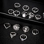 14Pcs 14 Style Rhinestone Finger Rings Set, Flower & Leaf & Moon & Crown Alloy Stackable Rings for Women