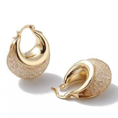 Crystal Rhinestone Beaded Double Horn Thick Hoop Earrings, Brass Jewelry for Women
