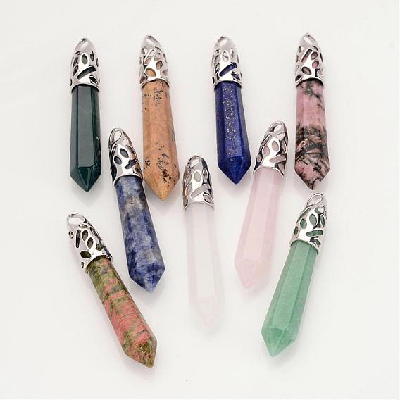 Natural Gemstone Big Pointed Pendants, Bullet, with Platinum Tone Alloy Findings, 57~62x9~10mm, Hole: 4x5mm